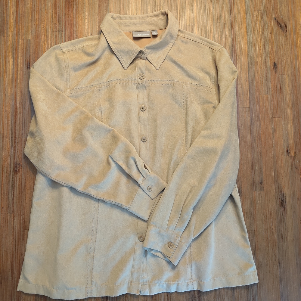 Croft & Barrow Beige Button-Up Shirt Faux Suede
